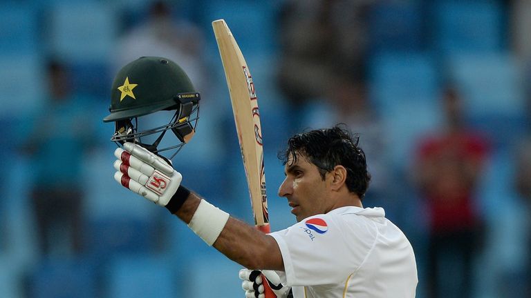  Pakistan captain Misbah-ul-Haq salutes the crowd after reaching his century during the 2nd Test against England in Dubai