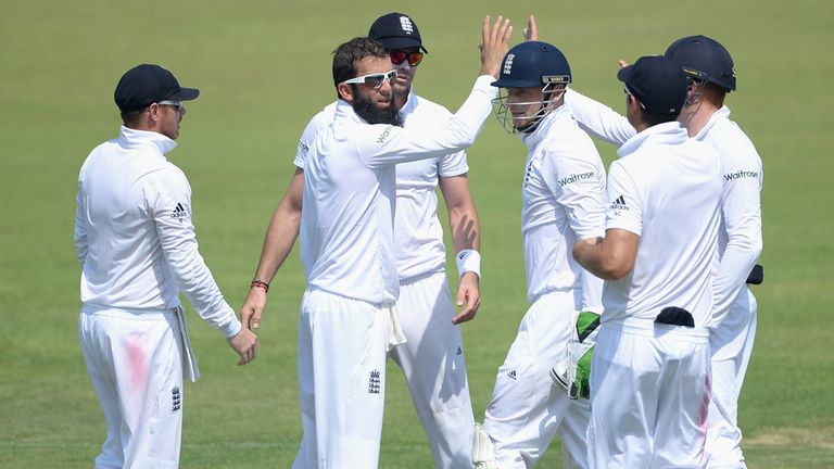 Moeen Ali of England celebrates with team-mates after dismissing Khurram Manzoor of Pakistan A during day two of their tour match in Sharjah
