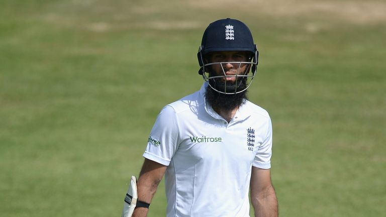 SHARJAH, UNITED ARAB EMIRATES - OCTOBER 09:  Moeen Ali of England leaves the field after being dismissed by Junaid Khan of Pakistan A during day two of the