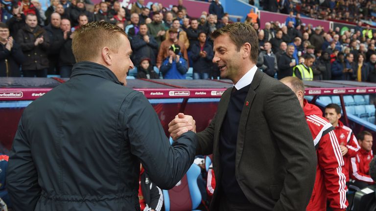 Tim Sherwood Manager of Aston Villa and Garry Monk Manager of Swansea City shake hands