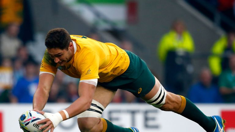 Rob Simmons of Australia scores the opening try during the 2015 Rugby World Cup Semi Final