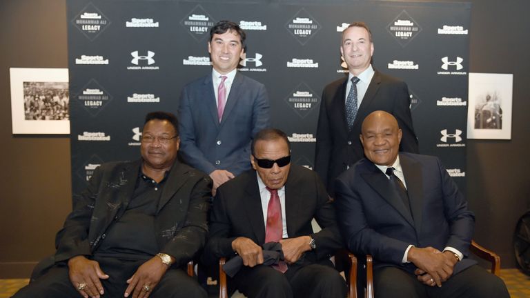 Larry Holmes, SI Editor Chris Stone, Muhammad Ali, Sports Illustrated Group Editor Paul Fichtenbaum and George Foreman 