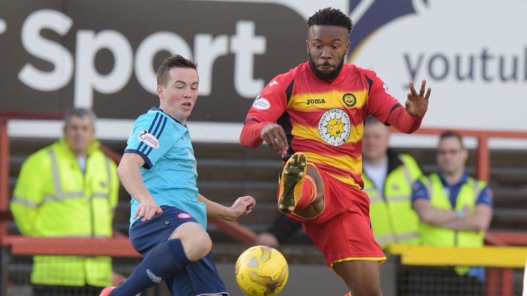 Louis Longridge (left) battles for the ball with Partick's Mustapha Dumbuya