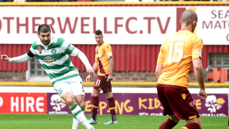 17/10/15 LADBROKES PREMIERSHIP.MOTHERWELL V CELTIC.FIR PARK - MOTHERWELL.Nadir Ciftci scores for Celtic.