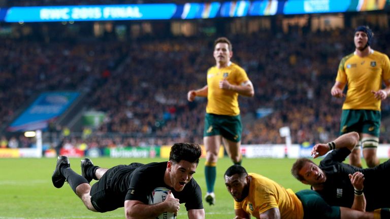 New Zealand's Nehe Milner-Skudder scores his side's first try during the Rugby World Cup Final at Twickenham, London.
