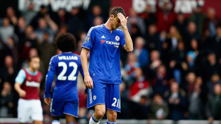 Nemanja Matic of Chelsea leaves the pitch after being shown a red card against West Ham