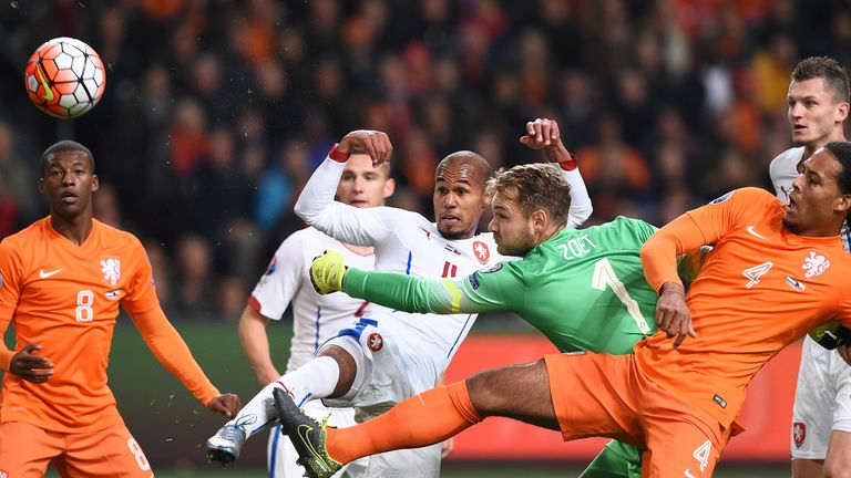 Netherlands' goalkeeper Jeroen Zoet attempts to stop a ball kicked by Czech's Theodor Gebre Selassie