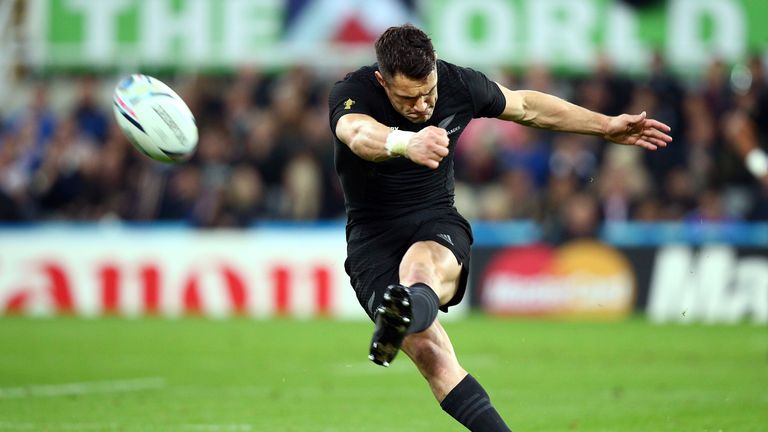 New Zealand's Dan Carter kicks a penalty during the Rugby World