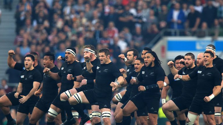 New Zealand perform the Haka dance during the Rugby World Cup Final at Twickenham, London.