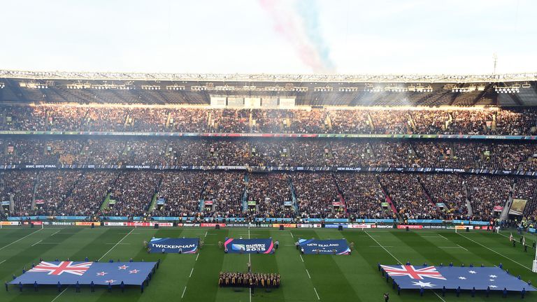 Australia and New Zealand line up for the National Anthems before the Rugby World Cup Final at Twickenham, London.