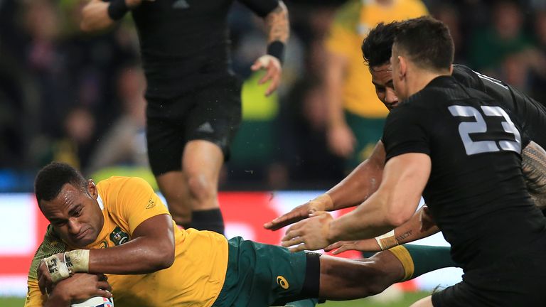 Australia's Tevita Kuridrani scores his sides second try of the game during the Rugby World Cup Final at Twickenham, London.