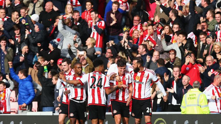 Billy Jones of Sunderland celebrates scoring his team's second goal against Newcastle