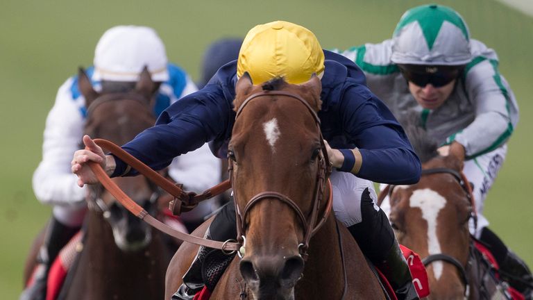 Esoterique ridden by Pierre-Charles Boudot leads the field home to win the Kingdom Of Bahrain Sun Chariot Stakes during the Tattersalls Millions Day at New