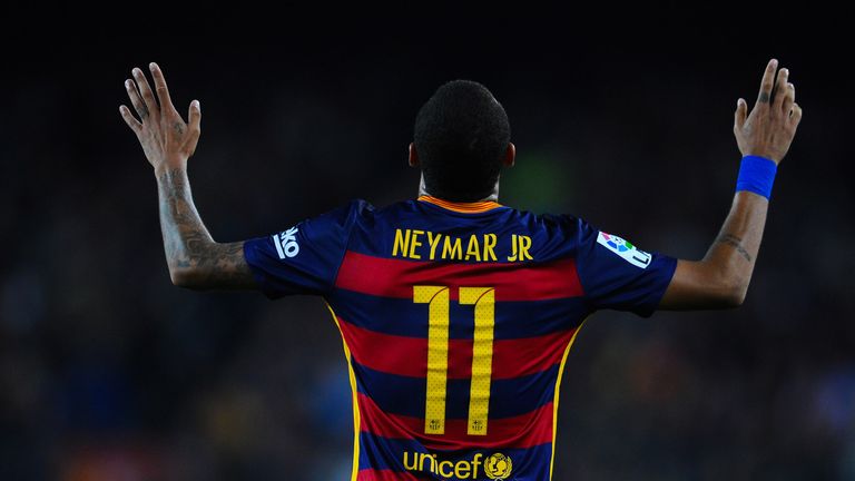 Neymar of FC Barcelona celebrates after scoring his team's third goal