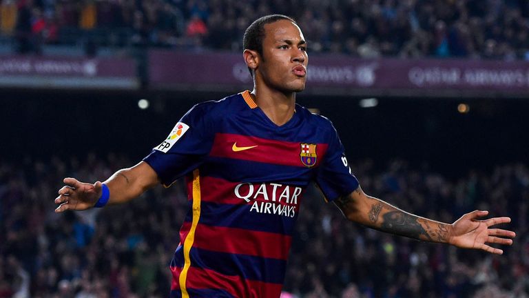 Neymar of FC Barcelona celebrates after scoring his team's third goal