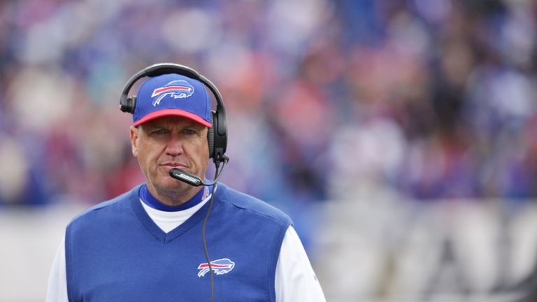 Head Coach Rex Ryan of the Buffalo Bills walks the sideline during the second half of a game against the Cincinnati Bengals