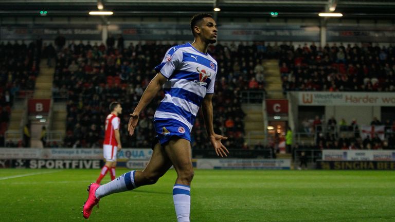 Reading's Nick Blackman celebrates the opening goal during the Sky Bet League Championship match at the New York Stadium, Rotherham.