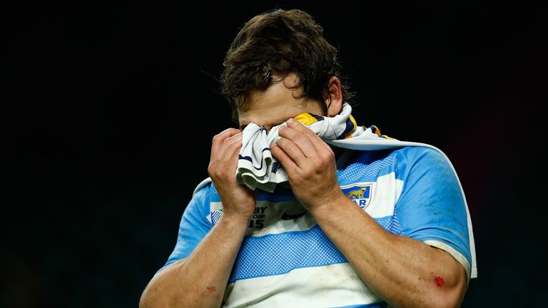 Nicolas Sanchez of Argentina crying in dejection after losing the 2015 Rugby World Cup semi-final loss to Australia