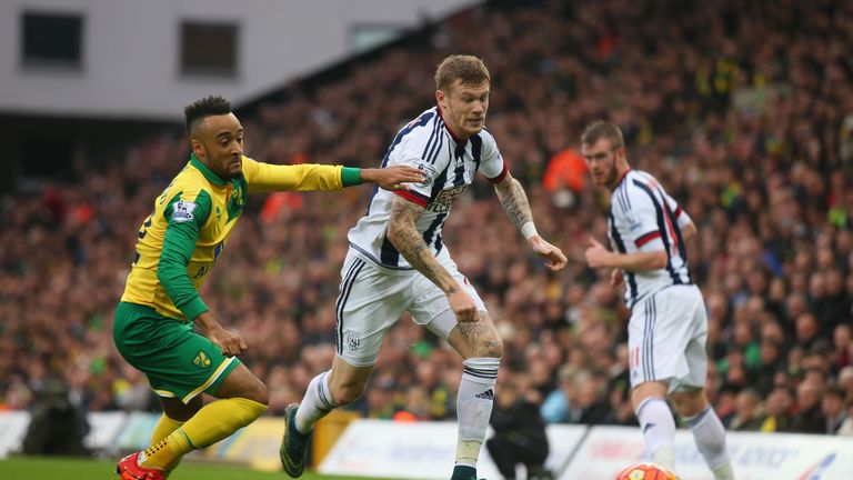 James McClean of West Brom and Nathan Redmond of Norwich City compete for the ball 
