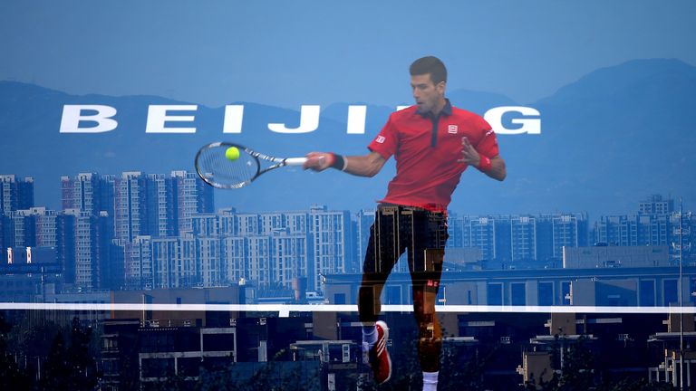 Novak Djokovic of Serbia plays a forehand in his match against Ze Zhang of China on day 6 of the 2015 China Open 