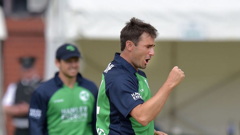 BELFAST, NORTHERN IRELAND - AUGUST 27:  Tim Murtagh of Ireland celebrates after taking the wicket of George Bailey during the ODI cricket game between Irel