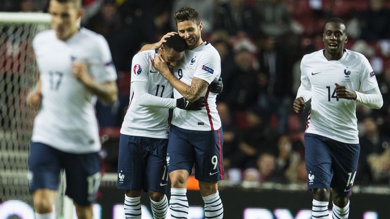 Olivier Giroud celebrates with Anthony Martial. France v Denmark 