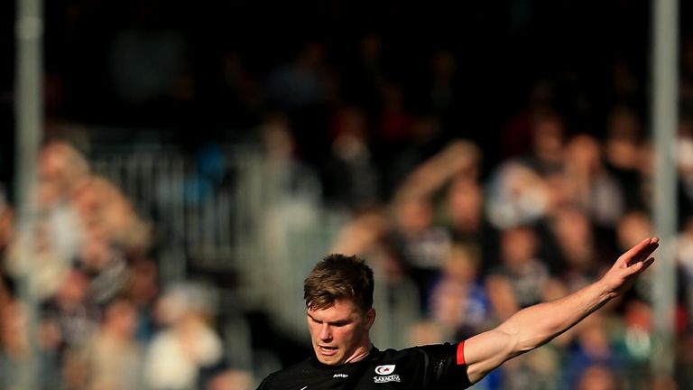 Saracens out half Owen Farrell kicks a penalty during his side's Premiership victory 