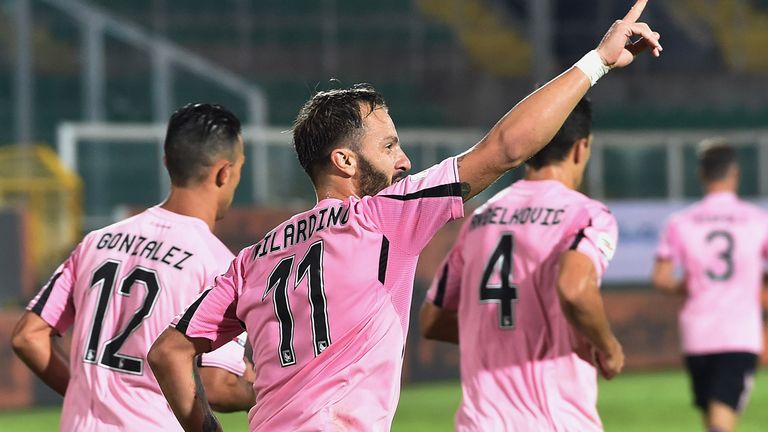 Alberto Gilardino of Palermo celebrates after scoring the equalising goal