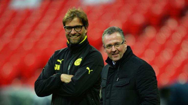 Head Coach Jurgen Klopp of Borussia Dortmund (L) and Manager Paul Lambert of Aston Villa during a Borussia Dortmund training session in 2013