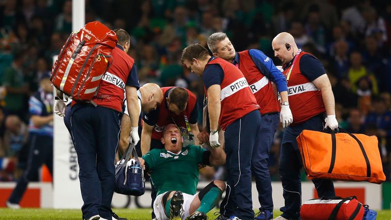 Paul O'Connell of Ireland reacts as he receives medical treatment during the 2015 Rugby World Cup Pool D match between France and Ireland