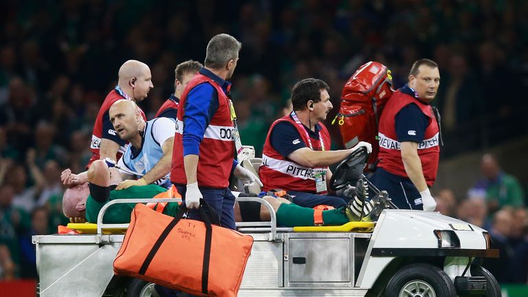 Paul O'Connell of Ireland is stretchered off during the 2015 Rugby World Cup Pool D match between France and Ireland