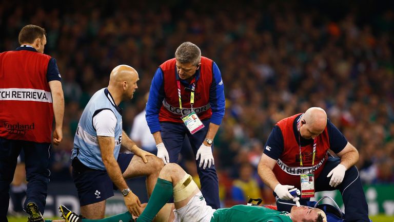 Peter O'Mahony of Ireland receives medical treatment during the 2015 Rugby World Cup Pool D match between France and Ireland 