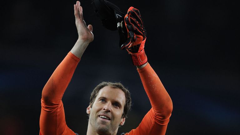 LONDON, ENGLAND - OCTOBER 20: Arsenal goalkeeper Petr Cech celebrates after the UEFA Champions League 