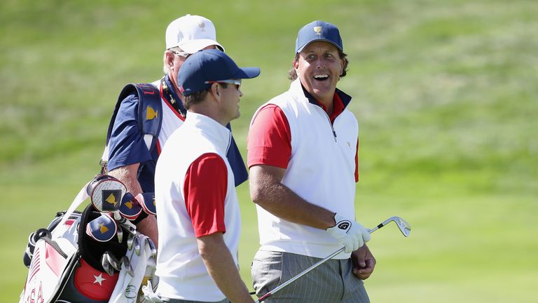 Mickelson was all smiles after holing his bunker escape for eagle at the 12th