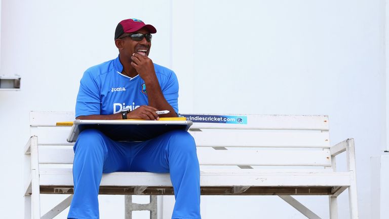 Phil Simmons, the head coach of West Indies, during a nets session at the Sir Vivian Richards Stadium