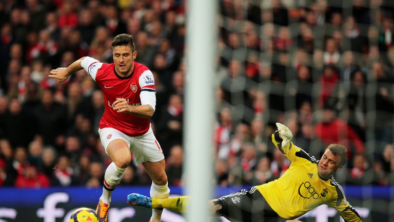 Olivier Giroud of Arsenal embarrasses goalkeeper Artur Boruc of Southampton in 2013