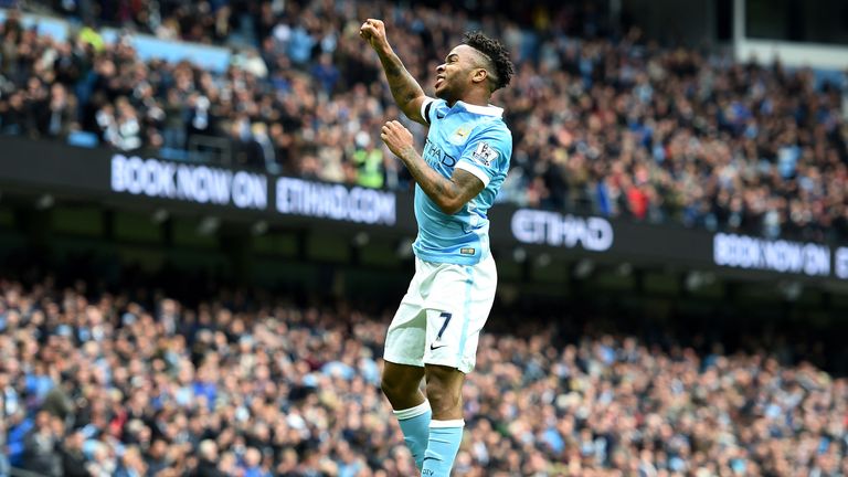 Manchester City's Raheem Sterling celebrates scoring his side's fourth goal of the game and completing his hat-trick, during the Barclays Premier League ma