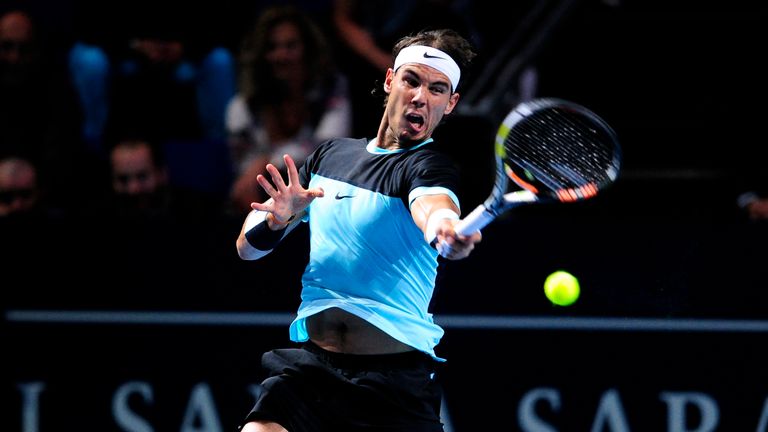 Rafael Nadal of Spain in action during the second day of the Swiss Indoors ATP 500 tennis tournament against Grigor Dimitrov