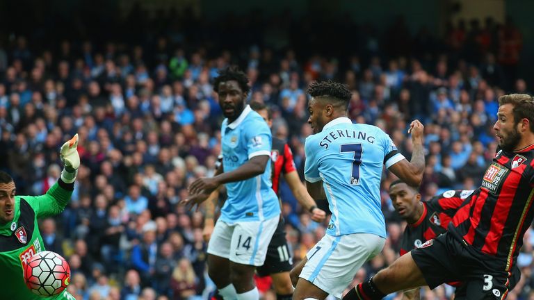 Raheem Sterling of Manchester City scores his team's first goal