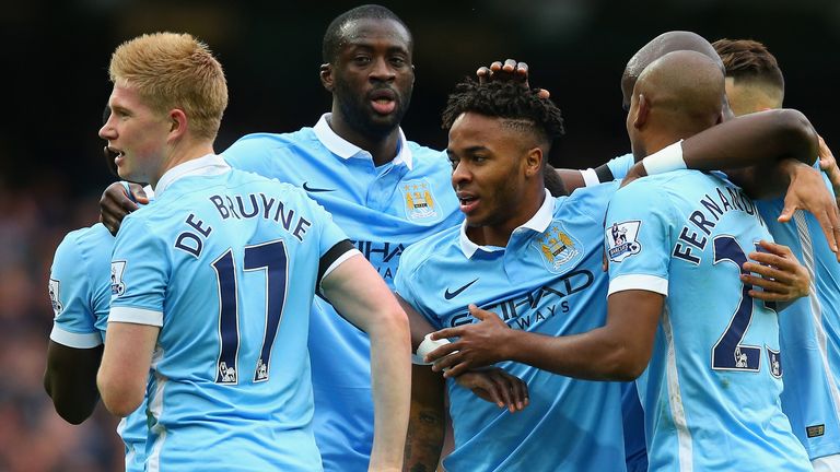 Raheem Sterling of Manchester City celebrates scoring his team's first goal