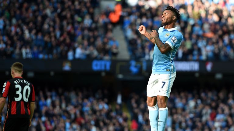 Manchester City's Raheem Sterling celebrates scoring his team's third goal 