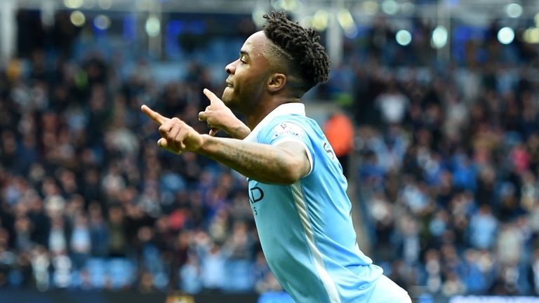 Manchester City's Raheem Sterling celebrates scoring his side's fourth goal of the game and completing his hat-trick