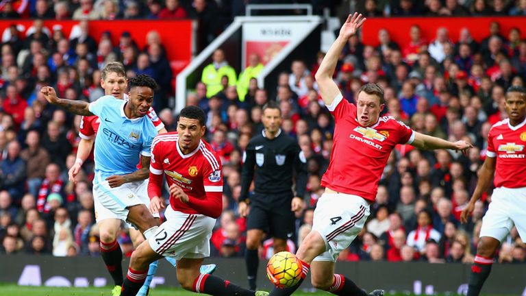Raheem Sterling (L) of Manchester City shoots at goal while Chris Smalling and Phil Jones of Manchester United attempt to block
