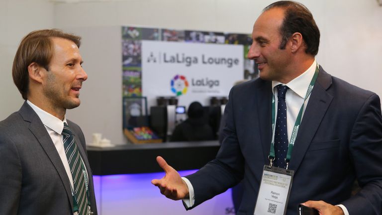 Ramon Vega (r) chats to former Spanish international  Gaizka Mendieta at the recent Soccerex gathering in Manchester