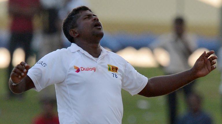 Rangana Herath celebrates after removing Kraigg Brathwaite in Galle