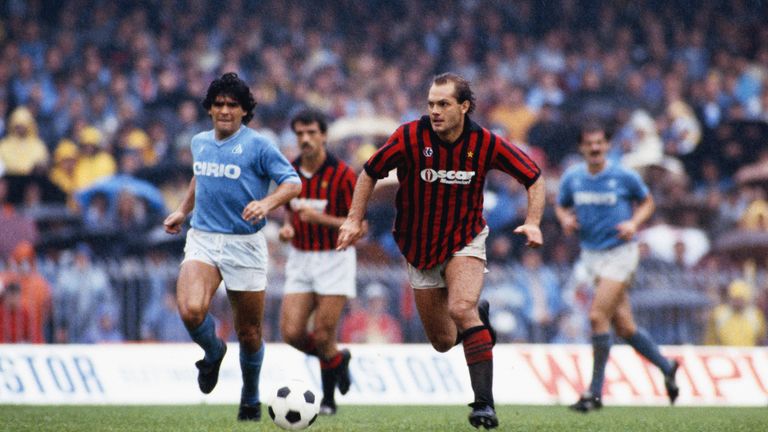 AC Milan Ray Wilkins (r) pulls away from Diego Maradona of Napoli during an Italian League match in 1984 in Naples