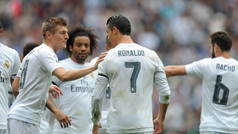 Cristiano Ronaldo of Real Madrid celebrates with Toni Kroos after scoring Real's 2nd goal 