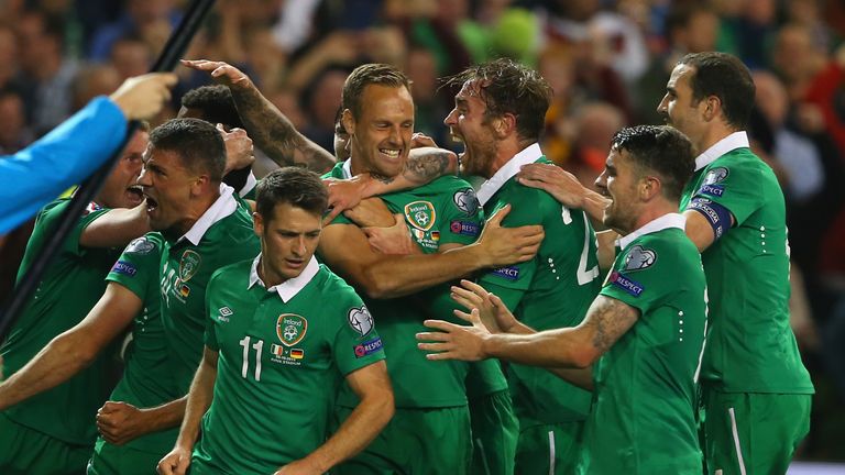 Republic of Ireland celebrate after Shane Long scored the winner in their Qualifier against Germany