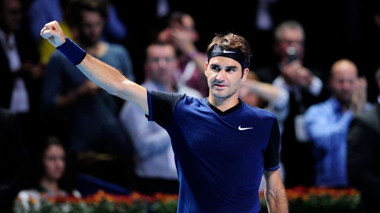 Roger Federer celebrates after progressing to the last eight in Basel