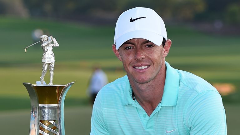 DUBAI, UNITED ARAB EMIRATES - NOVEMBER 23:  Rory McIlroy of Northern Ireland with the Race to Dubai trophy after the final round of the DP World Tour Champ